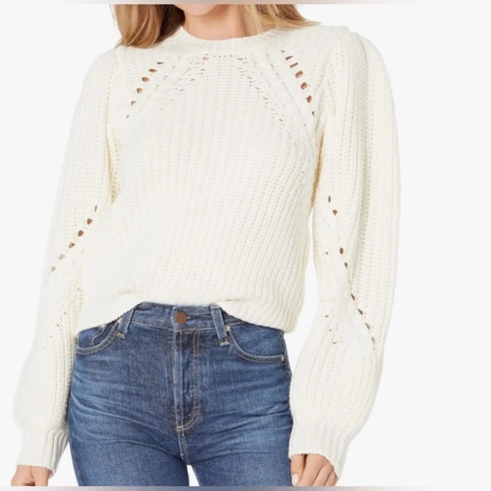 Joie Cream 100% Wool Chunky Knit Pointelle Puff Sleeve Sweater SW023002827 S